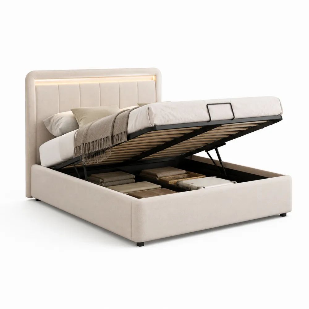 Lit coffre double 160 x 200 cm rembourré en polyester beige avec tête de lit et éclairage LED