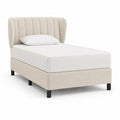 Lit simple rembourré beige 90 x 200 cm, dimensions 214 x 111 x 112 cm, tête de lit à oreilles en tissu et pieds noirs