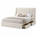 Lit double rembourré en polyester beige avec sommier à lattes et 4 tiroirs, couchage 160 x 200 cm, dimensions 220 x 184 x 120 cm