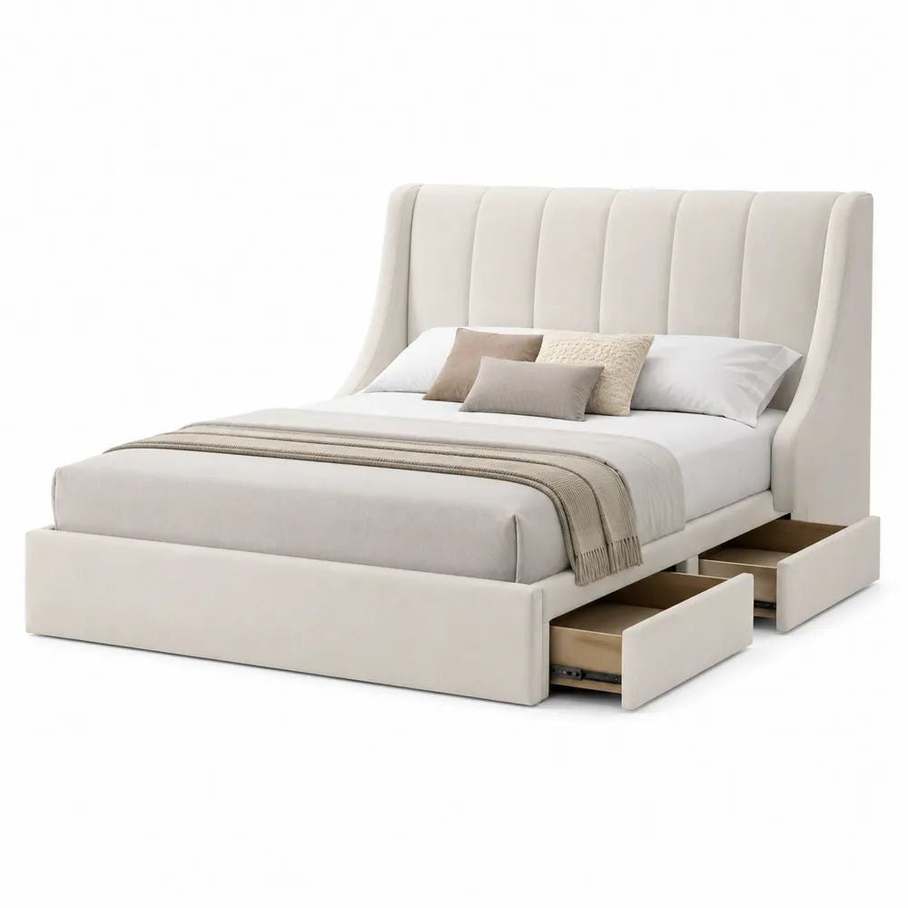 Lit double rembourré en polyester beige avec sommier à lattes et 4 tiroirs, couchage 160 x 200 cm, dimensions 220 x 184 x 120 cm