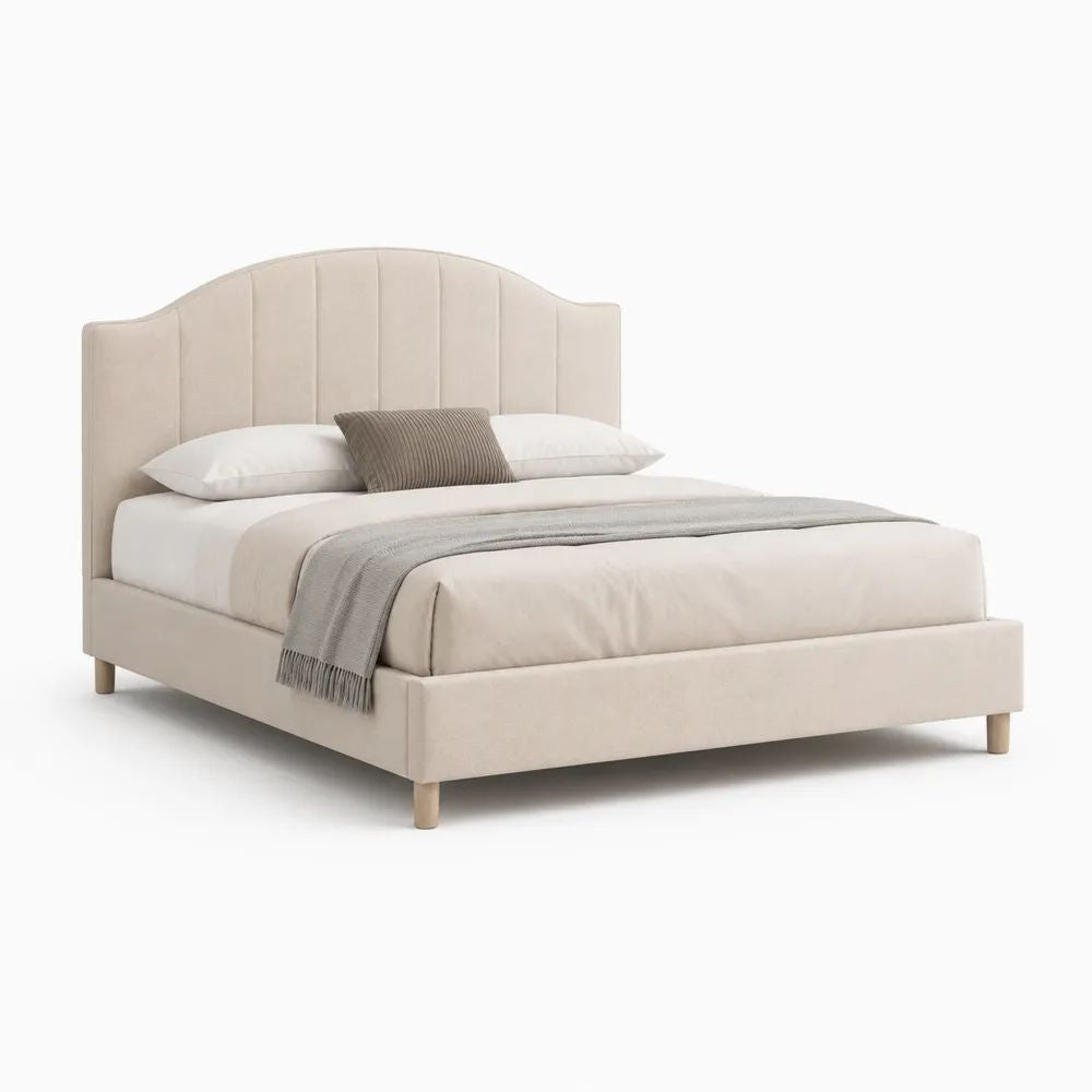 Lit double rembourré en polyester beige 160 × 200 cm, dimensions 218 × 170 × 120 cm, tête de lit arquée