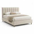 Lit double rembourré beige 160 × 200 cm avec tête de lit à panneaux verticaux