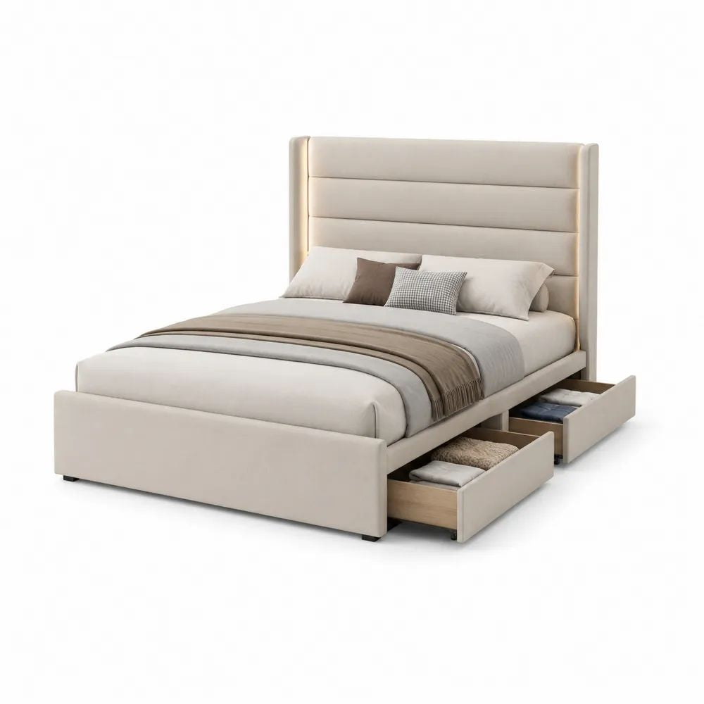 Lit double rembourré en polyester beige, couchage 160 × 200 cm, dimensions 218 × 177 × 145 cm, tête de lit LED, sommier à lattes et 4 tiroirs