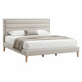 Lit double rembourré beige clair 160 x 200 cm en tissu polyester avec tête de lit à panneaux horizontaux et pieds en bois