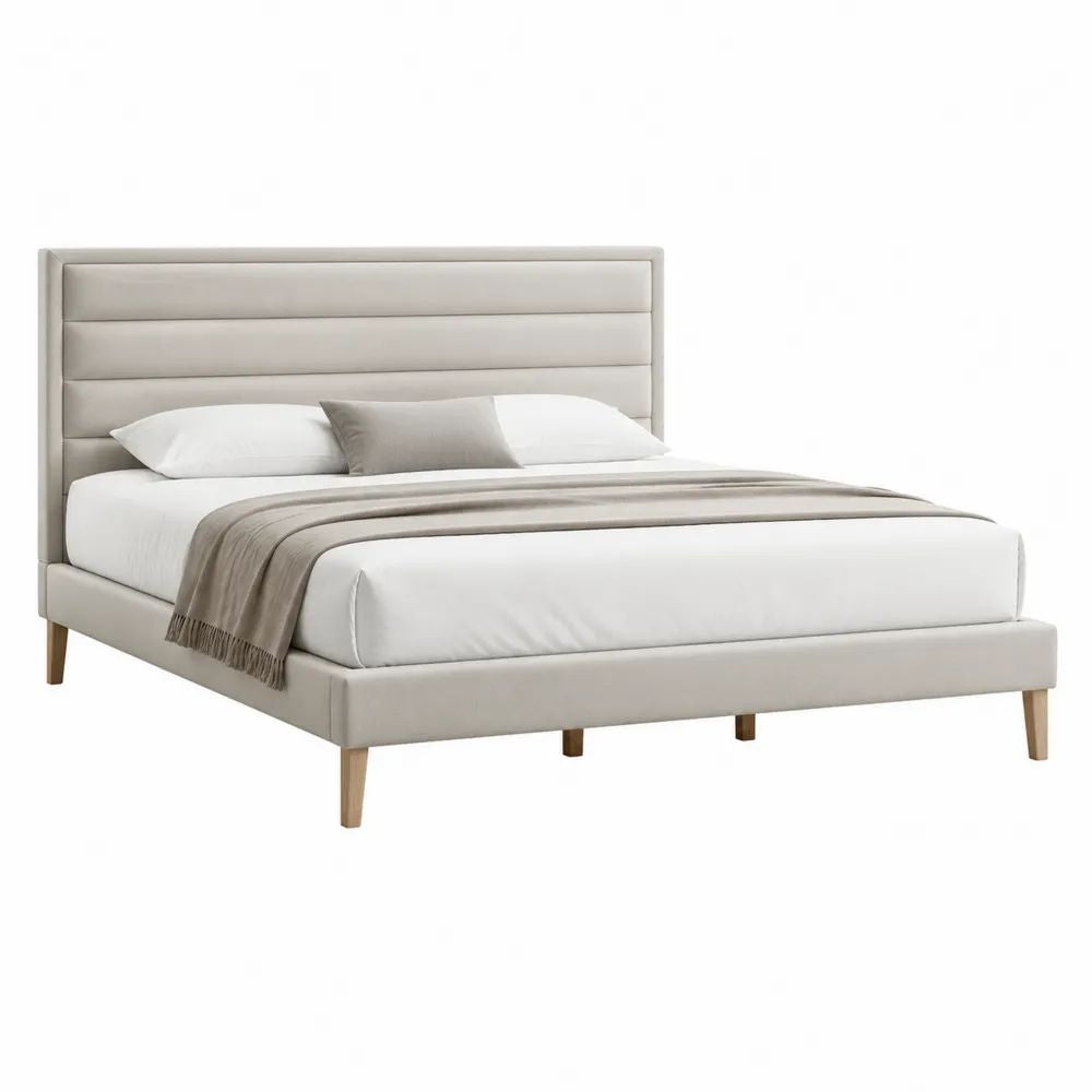 Lit double rembourré beige clair 160 x 200 cm en tissu polyester avec tête de lit à panneaux horizontaux et pieds en bois