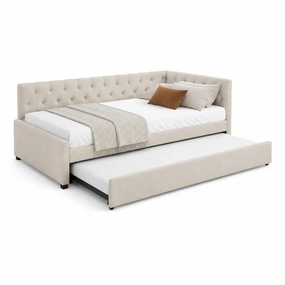 Lit banquette gigogne en tissu beige capitonné avec 2 couchages 90 × 200 cm et 90 × 190 cm