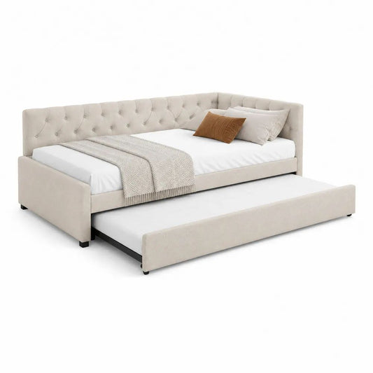 Lit banquette gigogne en tissu beige capitonné avec 2 couchages 90 × 200 cm et 90 × 190 cm