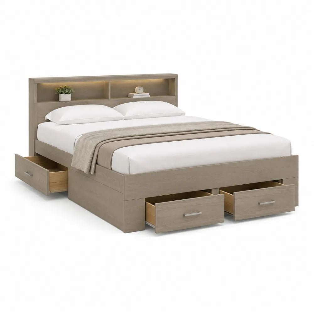Lit double 160 x 200 cm en panneaux de particules décor chêne grège avec tête de lit bibliothèque, éclairage LED et 3 tiroirs