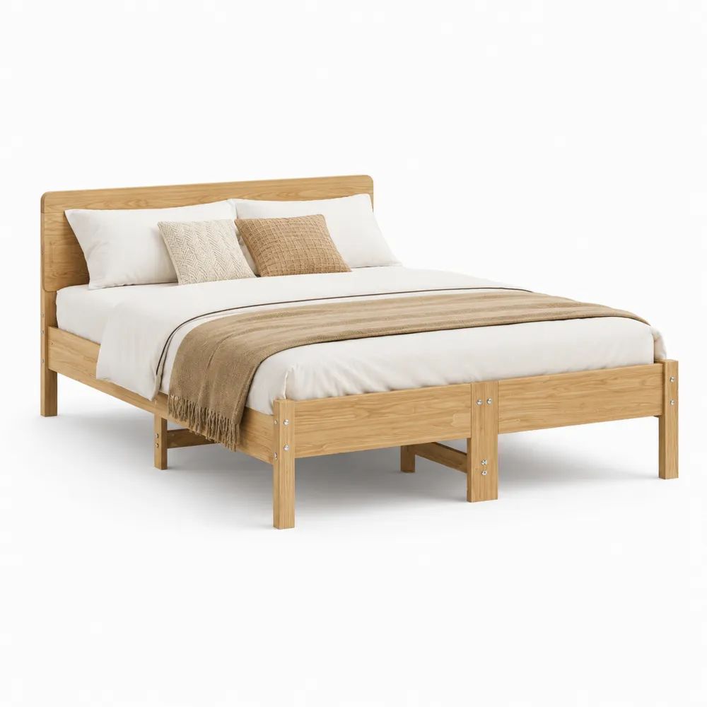 Cadre de lit double 160 × 200 cm en bois naturel avec tête de lit et sommier à lattes