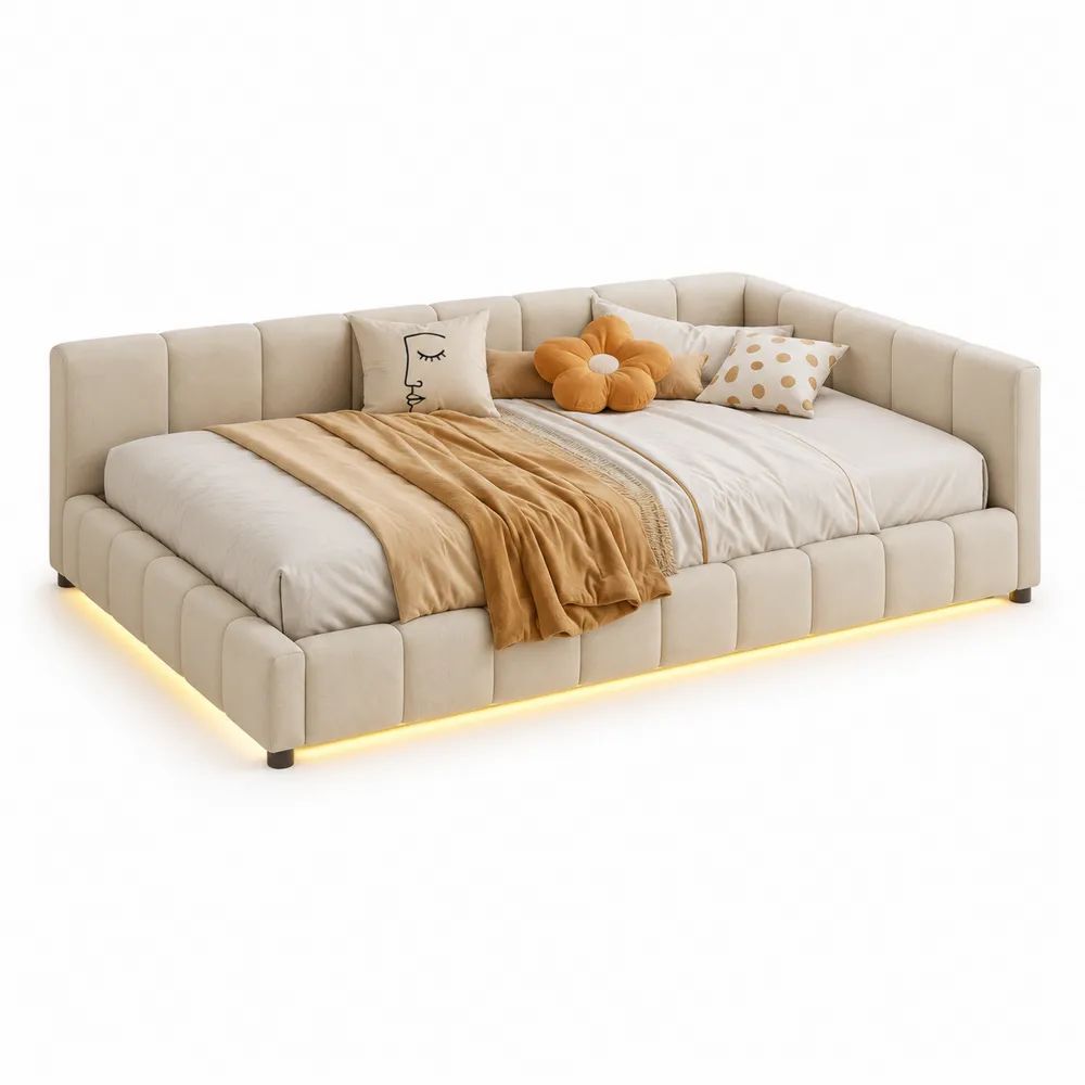 Lit double rembourré 160 x 200 cm en velours beige avec sommier à lattes et éclairage LED, 218 x 171 x 82 cm