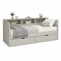 Lit banquette rectangulaire gris clair 90 × 190 cm avec 2 tiroirs et étagères en panneaux de particules mélaminés