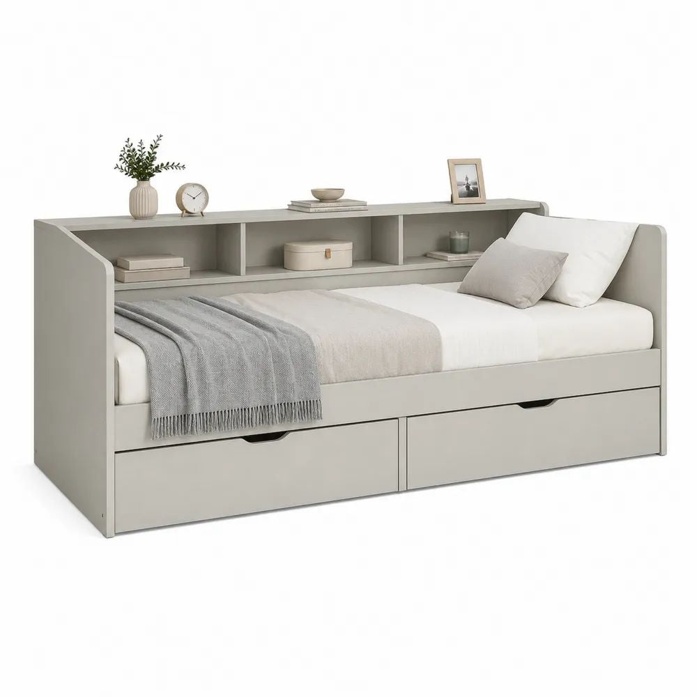 Lit banquette rectangulaire gris clair 90 × 190 cm avec 2 tiroirs et étagères en panneaux de particules mélaminés
