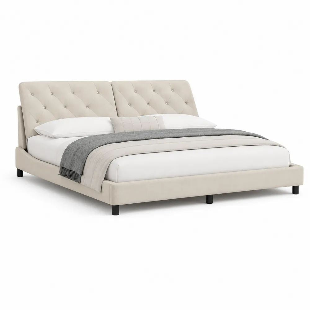 Lit double capitonné en velours beige avec sommier à lattes, couchage 160 × 200 cm, dimensions 218 × 172 × 105 cm