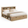 Lit double 160 × 200 cm en panneaux de particules, décor chêne naturel, tête de lit bibliothèque, rangements latéraux et 2 tiroirs, 218 × 168 × 110 cm