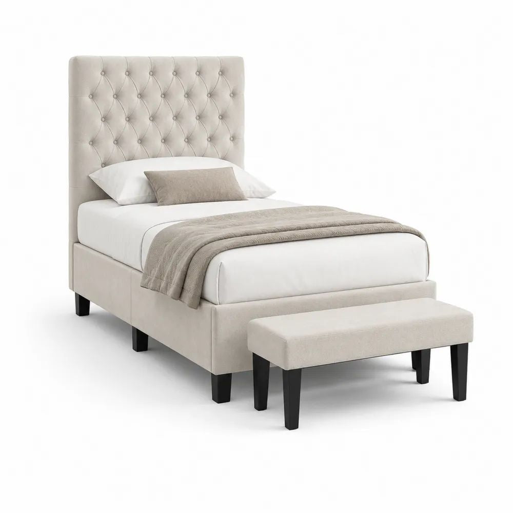Ensemble 2 pièces lit double capitonné et banc en polyester beige/noir, couchage 140 × 190 cm, banc 110 × 40 × 45 cm