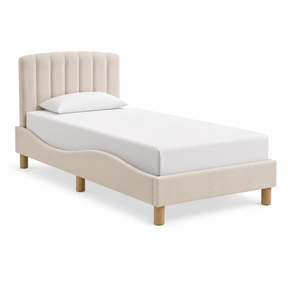 Lit simple rembourré en velours beige avec sommier à lattes, couchage 90 x 190 cm, dimensions 200 x 100 x 110 cm