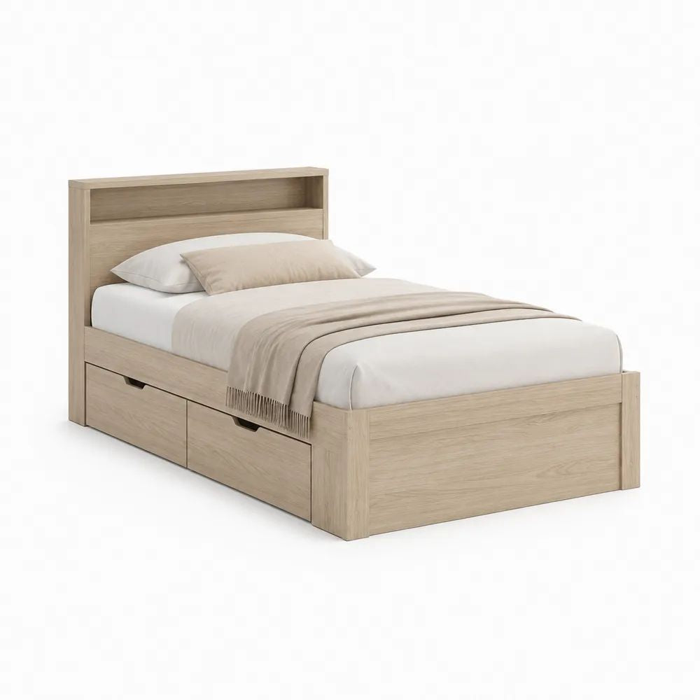 Lit simple en bois chêne clair 90 x 190 cm avec tête de lit à niche et 2 tiroirs