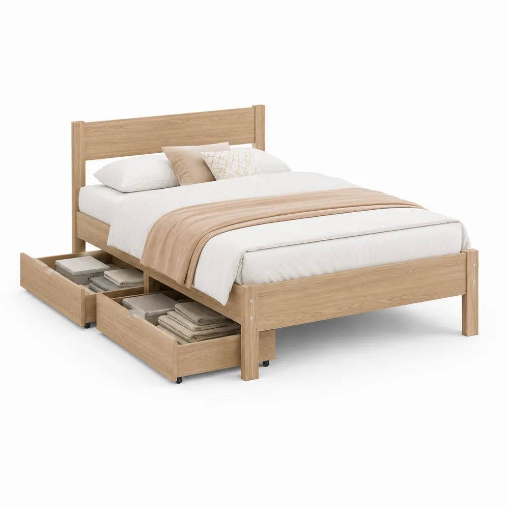Lit double 160 x 200 cm en pin massif avec sommier à lattes et 2 tiroirs de rangement, bois naturel
