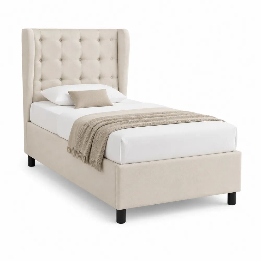 Lit simple rembourré beige 90 × 190 cm avec tête de lit capitonnée et sommier à lattes, 204 × 102 × 135 cm