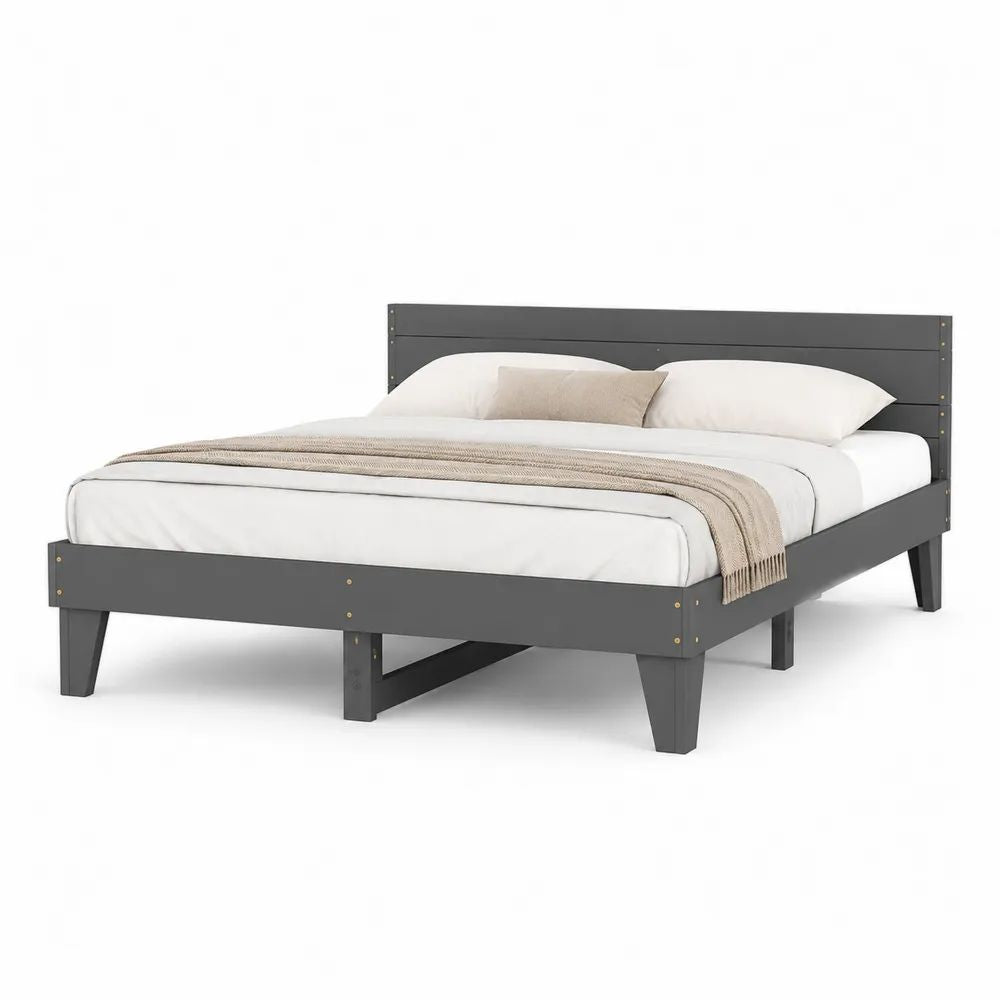 Cadre de lit double en pin massif gris anthracite avec tête de lit et sommier à lattes, couchage 160 × 200 cm, dimensions 208 × 168 × 100 cm