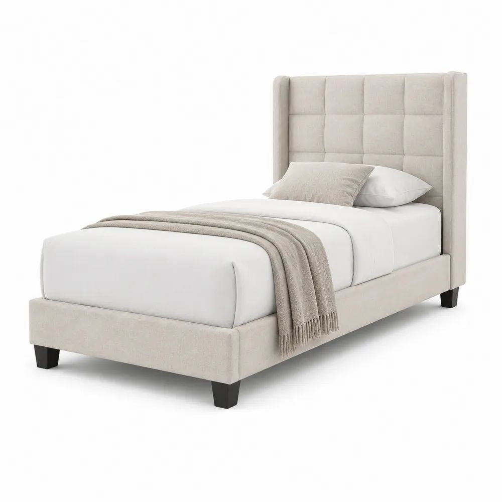 Lit simple rembourré en tissu beige avec tête de lit à panneaux, couchage 90 x 190 cm, dimensions 105 x 205 x 120 cm