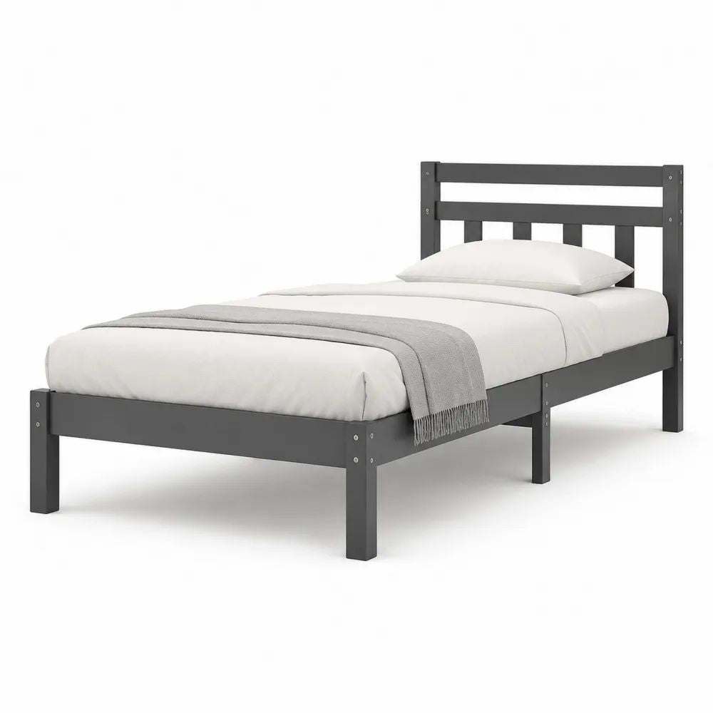 Lit simple en bois gris foncé 90 × 190 cm avec sommier à lattes et tête de lit
