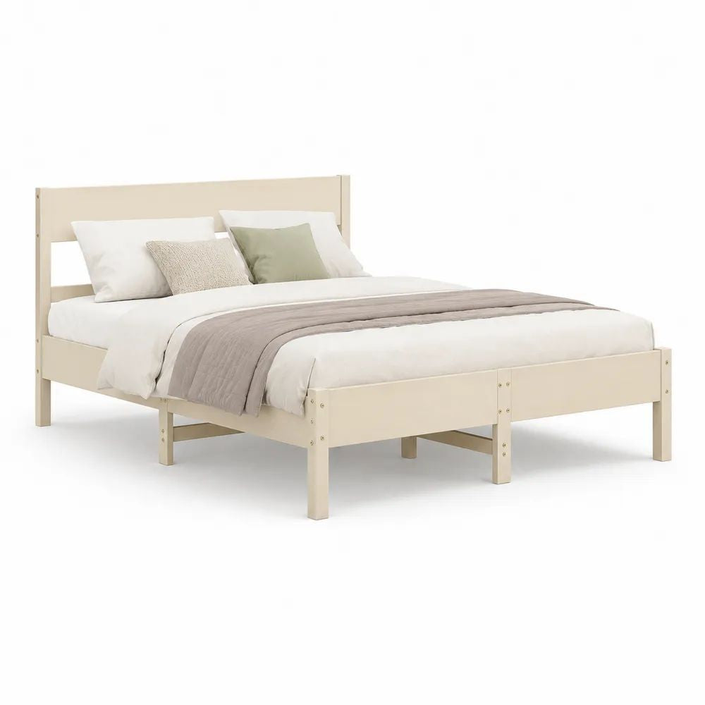 Lit double en bois beige crème avec tête de lit et sommier à lattes pour matelas 180 x 200 cm, dimensions 186 x 208 x 100 cm