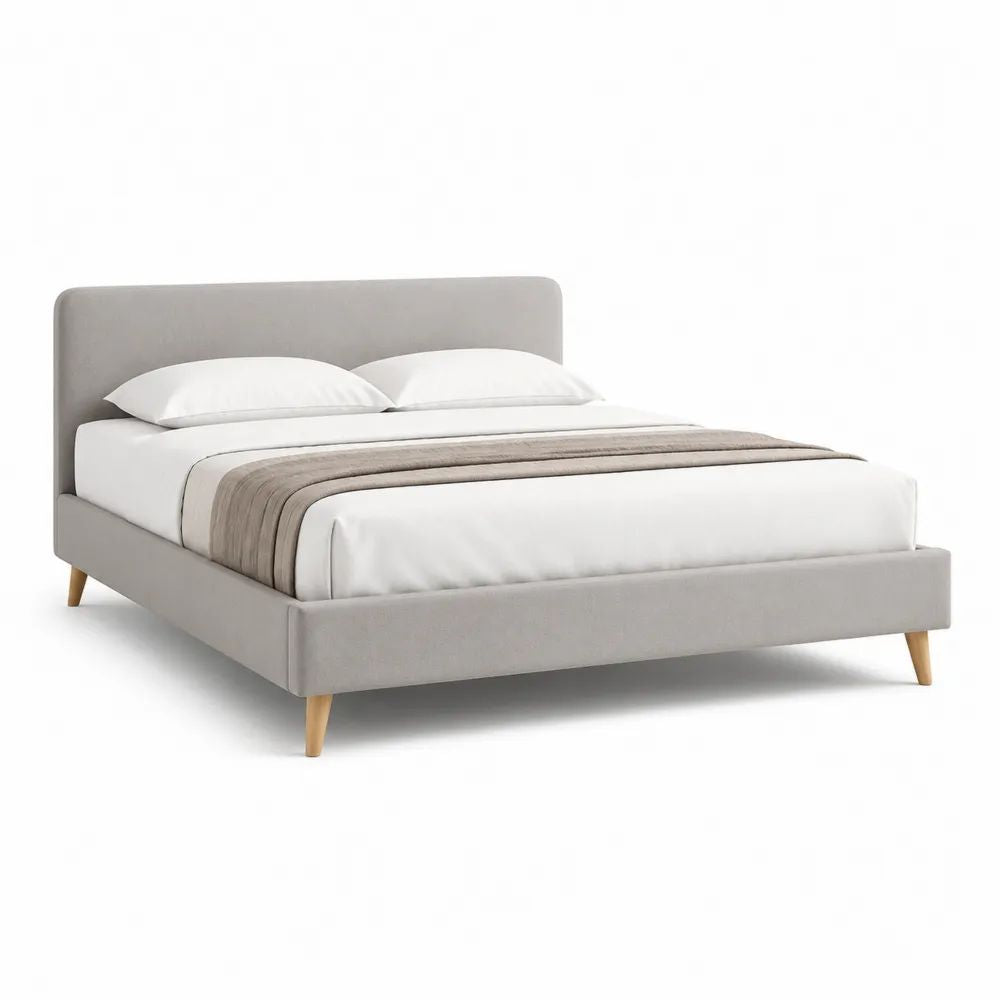 Lit double 160 x 200 cm avec cadre rembourré en polyester gris clair, tête de lit et pieds en bois