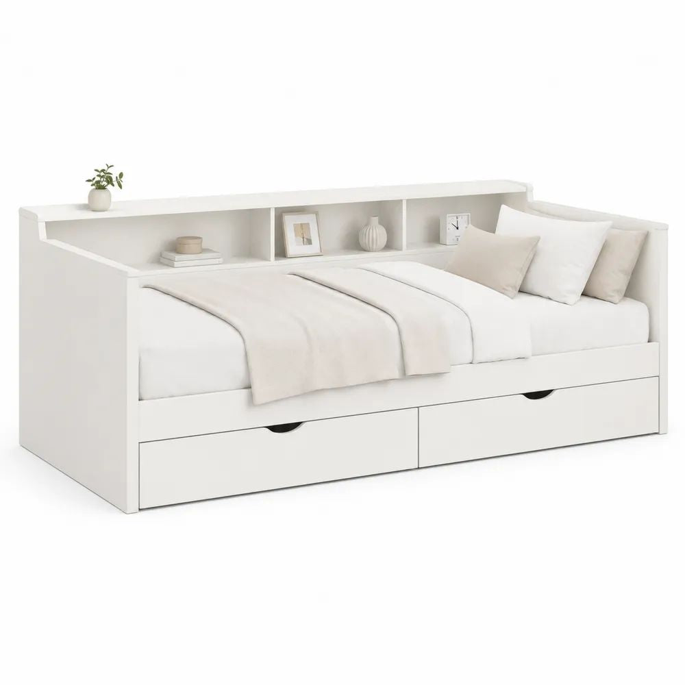 Lit banquette rectangulaire en bois blanc 90 x 200 cm avec 2 tiroirs et étagère, 205 x 111 x 83 cm