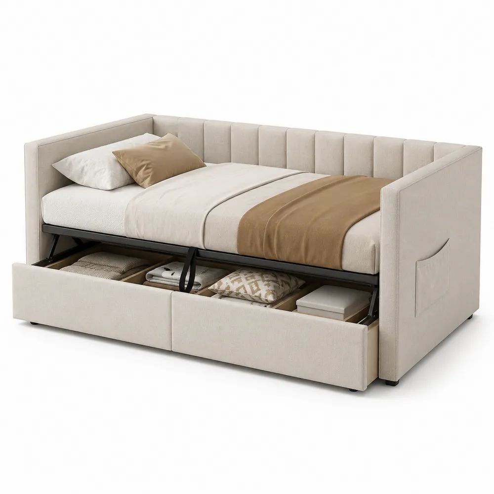 Lit banquette coffre 90 × 200 cm en tissu beige et métal noir avec sommier relevable, 212 × 105 × 88 cm