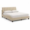 Lit double rembourré en polyester beige et noir 171 × 215 × 112 cm, couchage 160 × 200 cm, tête de lit à panneaux verticaux