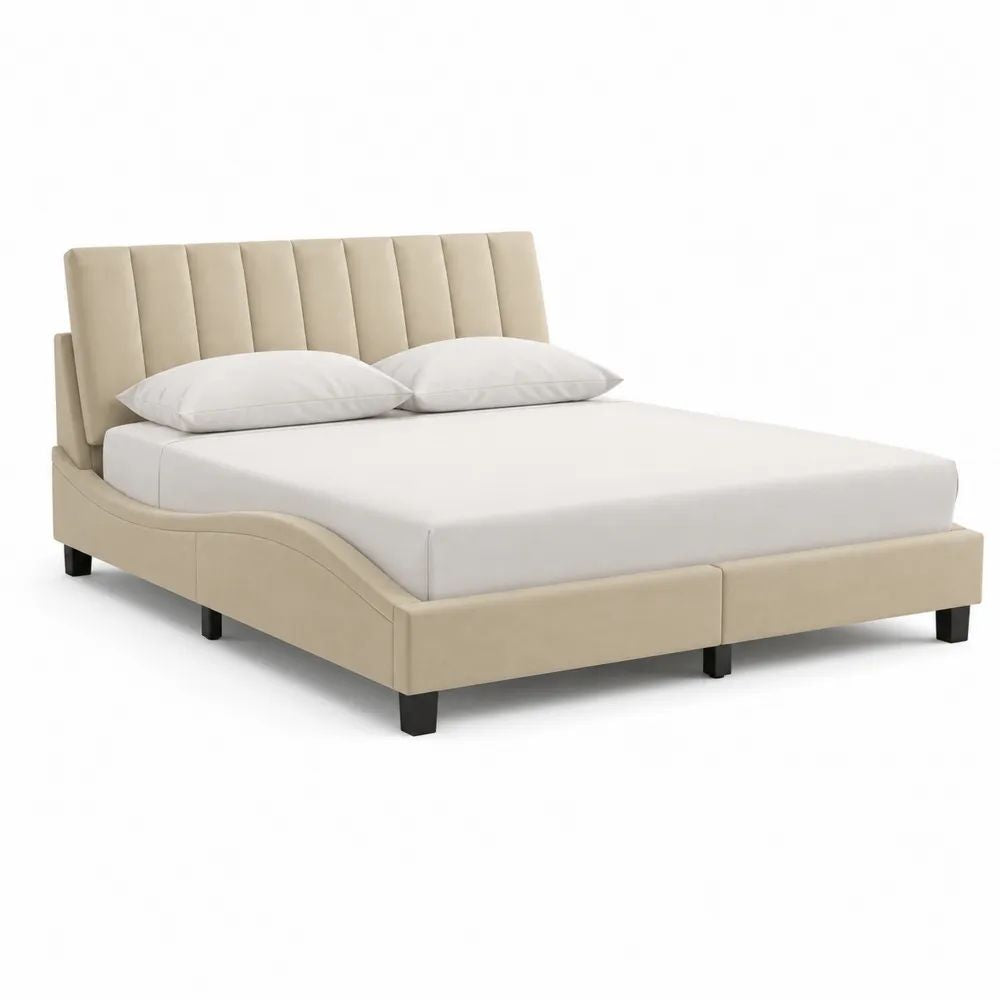 Lit double rembourré en polyester beige et noir 171 × 215 × 112 cm, couchage 160 × 200 cm, tête de lit à panneaux verticaux