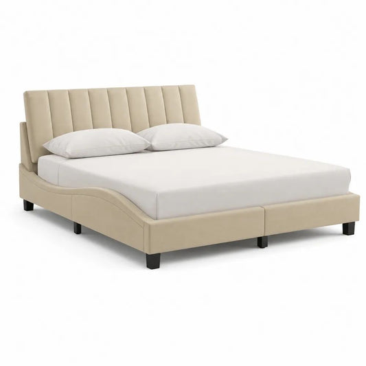 Lit double rembourré en polyester beige et noir 171 × 215 × 112 cm, couchage 160 × 200 cm, tête de lit à panneaux verticaux