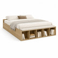 Lit double 160 x 200 cm en panneaux de particules décor chêne naturel avec 5 niches de rangement et banquette beige