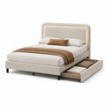 Lit double rembourré 160 × 200 cm en polyester beige avec tiroir latéral, sommier et tête de lit à LED blanc chaud