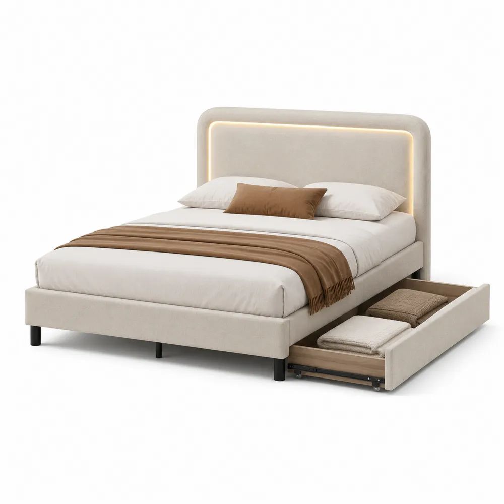 Lit double rembourré 160 × 200 cm en polyester beige avec tiroir latéral, sommier et tête de lit à LED blanc chaud