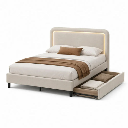 Lit double rembourré 160 × 200 cm en polyester beige avec tiroir latéral, sommier et tête de lit à LED blanc chaud