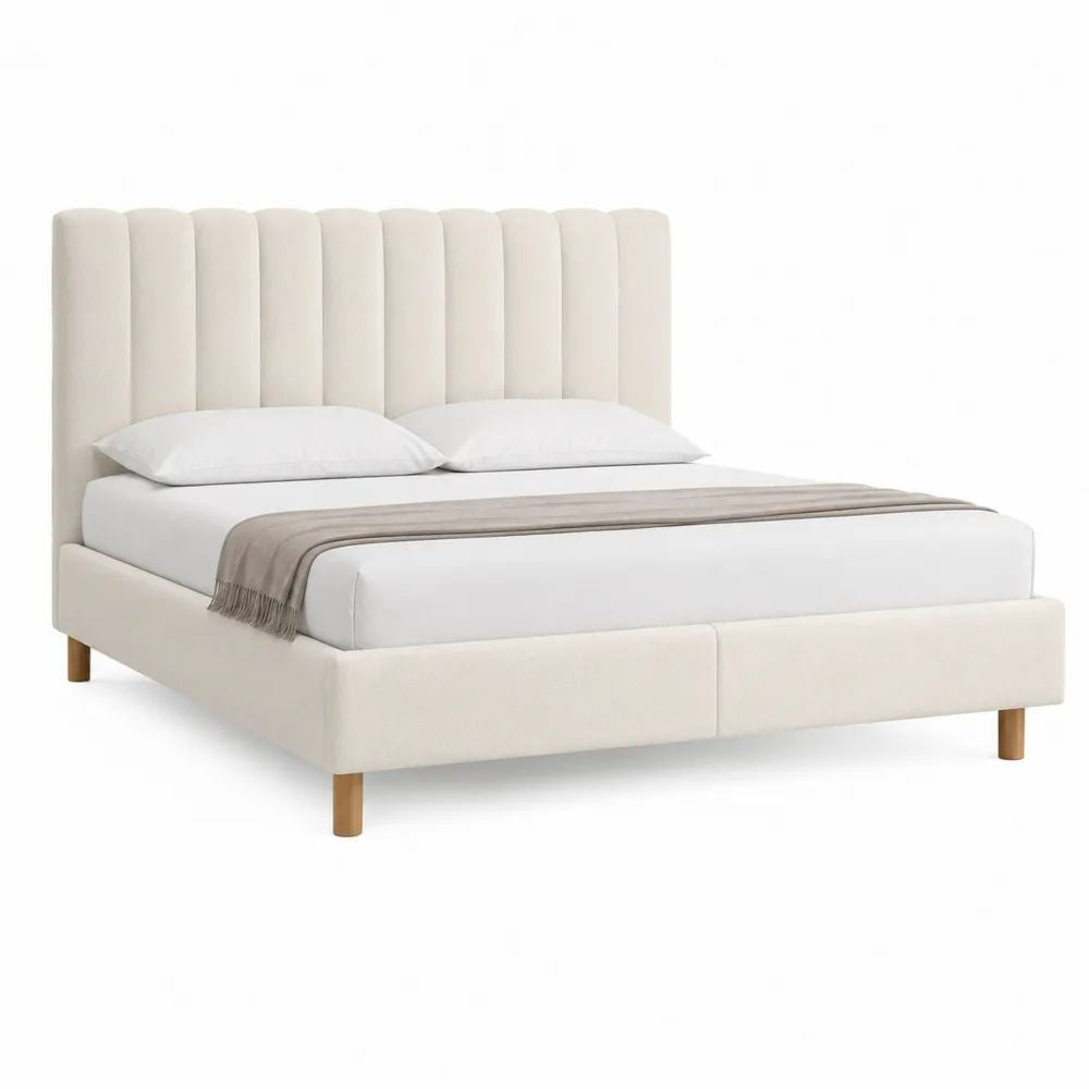 Lit double rembourré en velours blanc cassé avec sommier à lattes, couchage 160 × 200 cm, dimensions 171 × 216 × 120 cm
