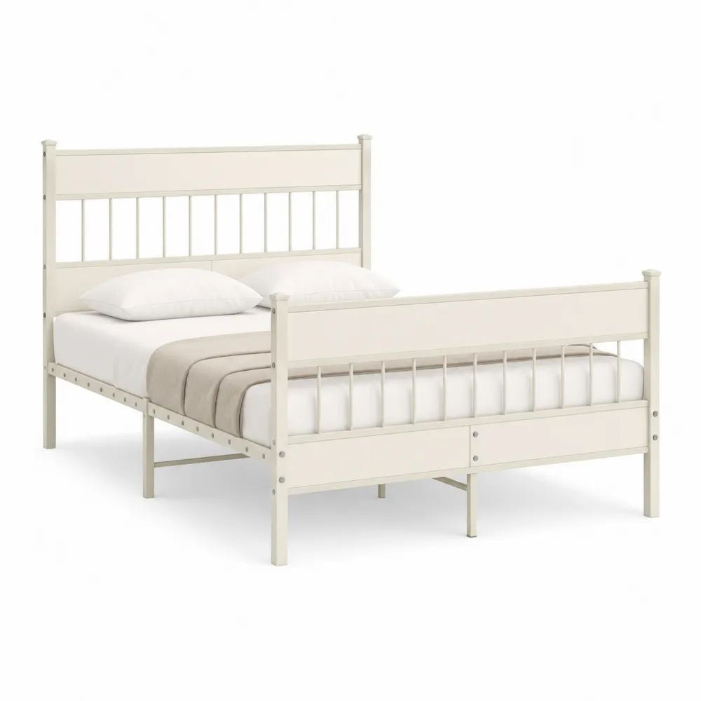Lit double 140 x 190 cm avec cadre en acier blanc cassé, tête et pied de lit