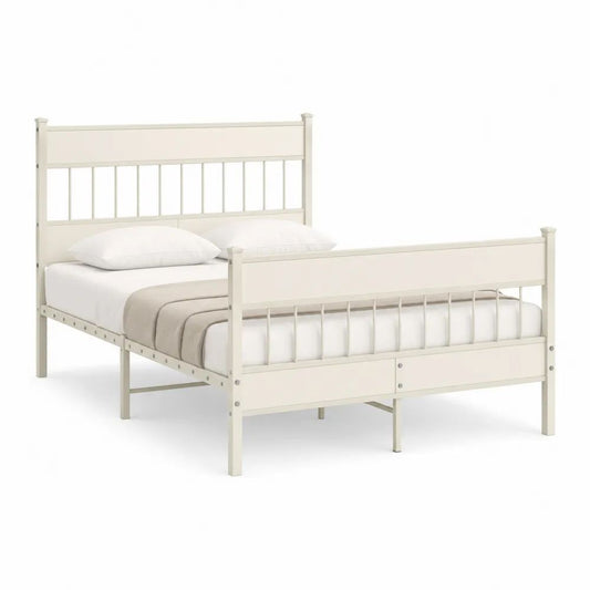 Lit double 140 x 190 cm avec cadre en acier blanc cassé, tête et pied de lit