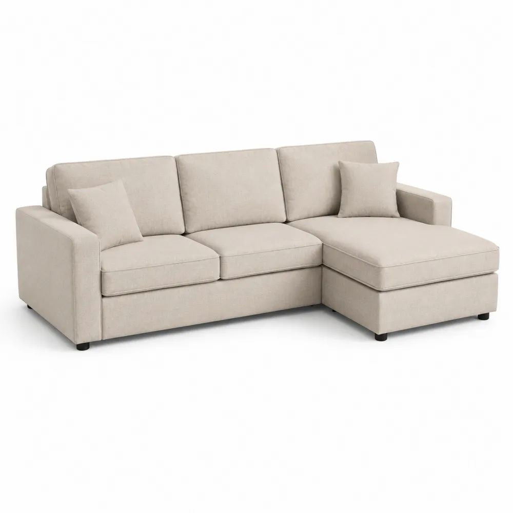 Canapé d’angle droit 3 places avec méridienne en polyester beige, 225 x 150 x 85 cm