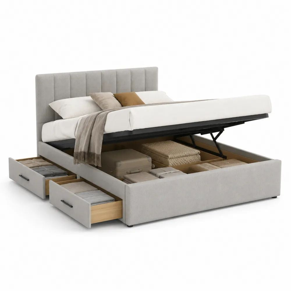 Lit coffre 2 places 160 x 200 cm en tissu gris clair avec sommier relevable et 2 tiroirs, cadre en MDF et acier, 218 x 174 x 110 cm