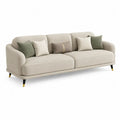 Canapé droit 3 places en tissu polyester beige avec pieds en acier noir et doré, 240 × 95 × 88 cm