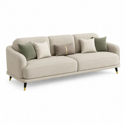 Canapé droit 3 places en tissu polyester beige avec pieds en acier noir et doré, 240 × 95 × 88 cm