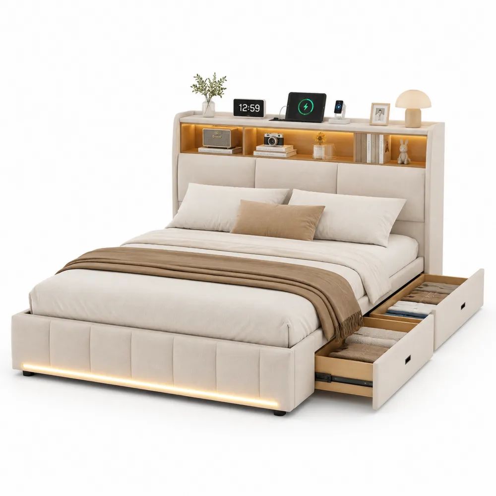 Lit double rembourré beige et bois naturel 160 x 200 cm avec 2 tiroirs, tête de lit à étagères, éclairage DEL et recharge sans fil