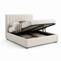 Lit coffre double rembourré beige clair et noir 160 × 200 cm avec tête de lit et sommier à lattes relevable