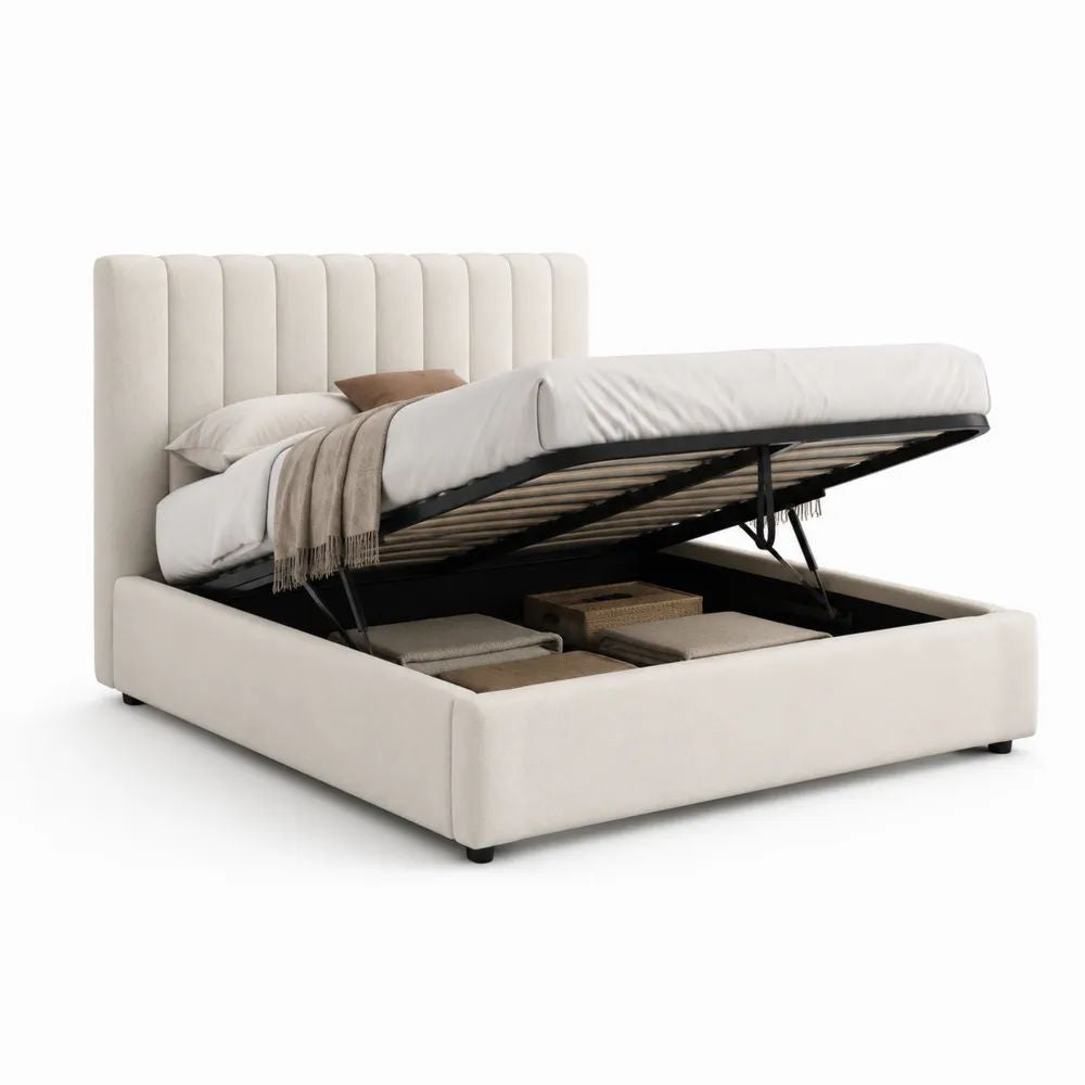 Lit coffre double rembourré beige clair et noir 160 × 200 cm avec tête de lit et sommier à lattes relevable