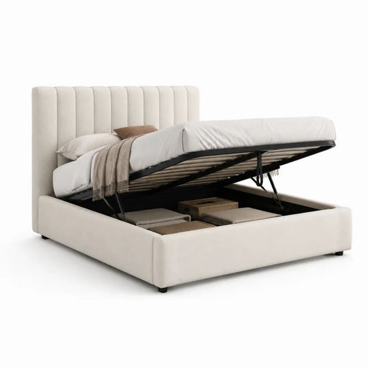 Lit coffre double rembourré beige clair et noir 160 × 200 cm avec tête de lit et sommier à lattes relevable