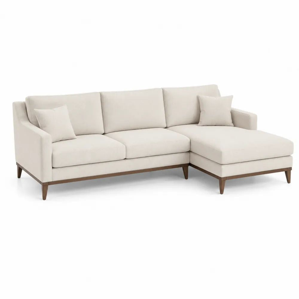 Canapé d’angle 3 places en tissu crème avec méridienne droite et pieds en bois brun, 250 x 160 x 85 cm