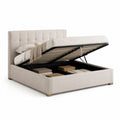 Lit coffre double 160 x 200 cm en velours polyester beige clair avec sommier à lattes et tête de lit capitonnée
